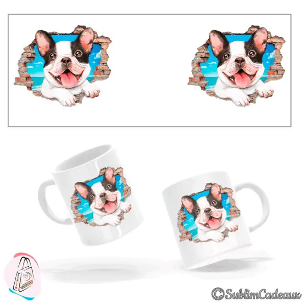Mug blanc en céramique, bouledogue français noir et blanc imprimé, jaillissant d'un mur de briques, mer et ciel en fond