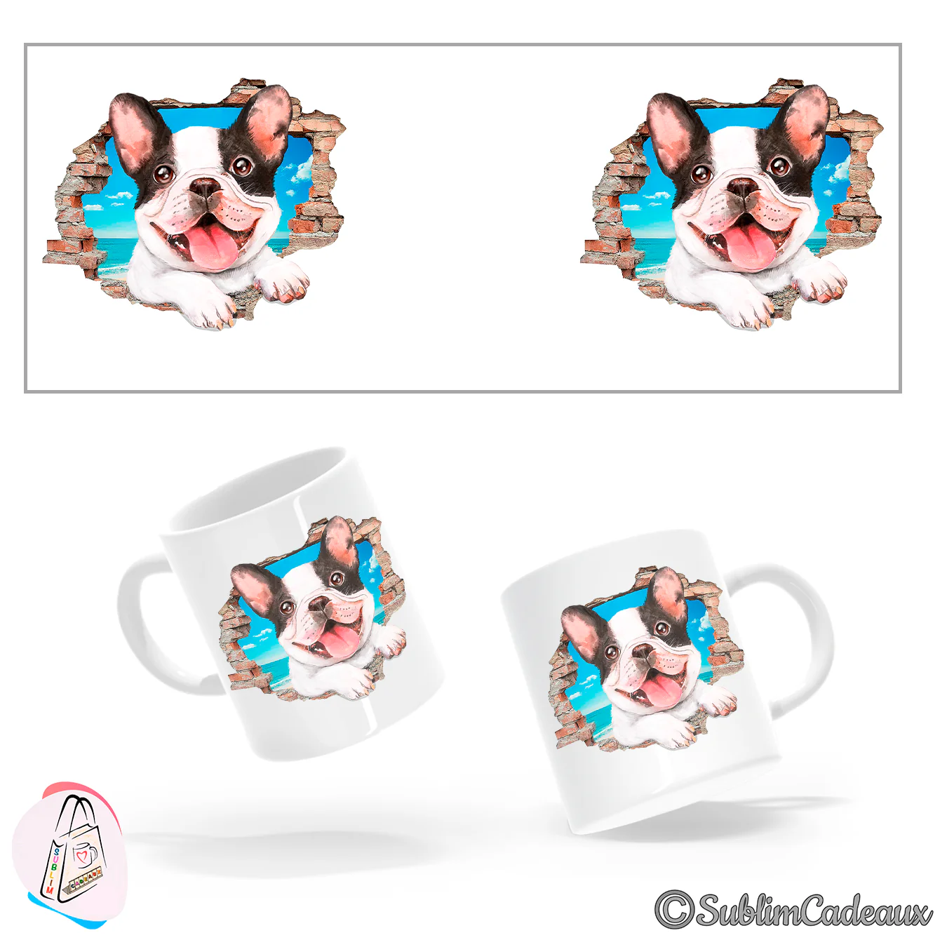 Mug blanc en céramique, bouledogue français noir et blanc imprimé, jaillissant d'un mur de briques, mer et ciel en fond