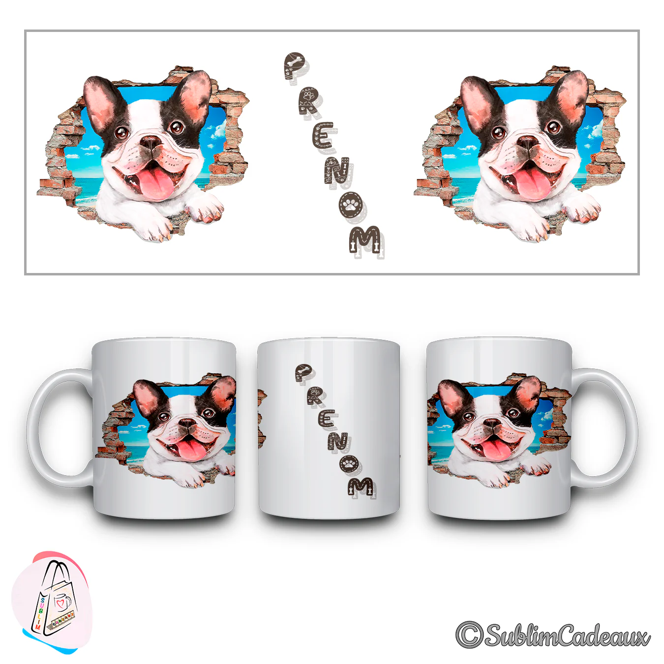 Bouledogue français noir et blanc, langue tirée, émergeant d'un mur de briques cassé, imprimé sur un mug blanc