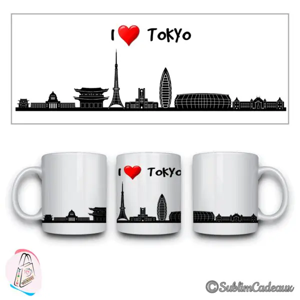 Mug en céramique blanc, silhouette noire de Tokyo sublimée, sa tour et une pagode, mention I love Tokyo et cœur rouge