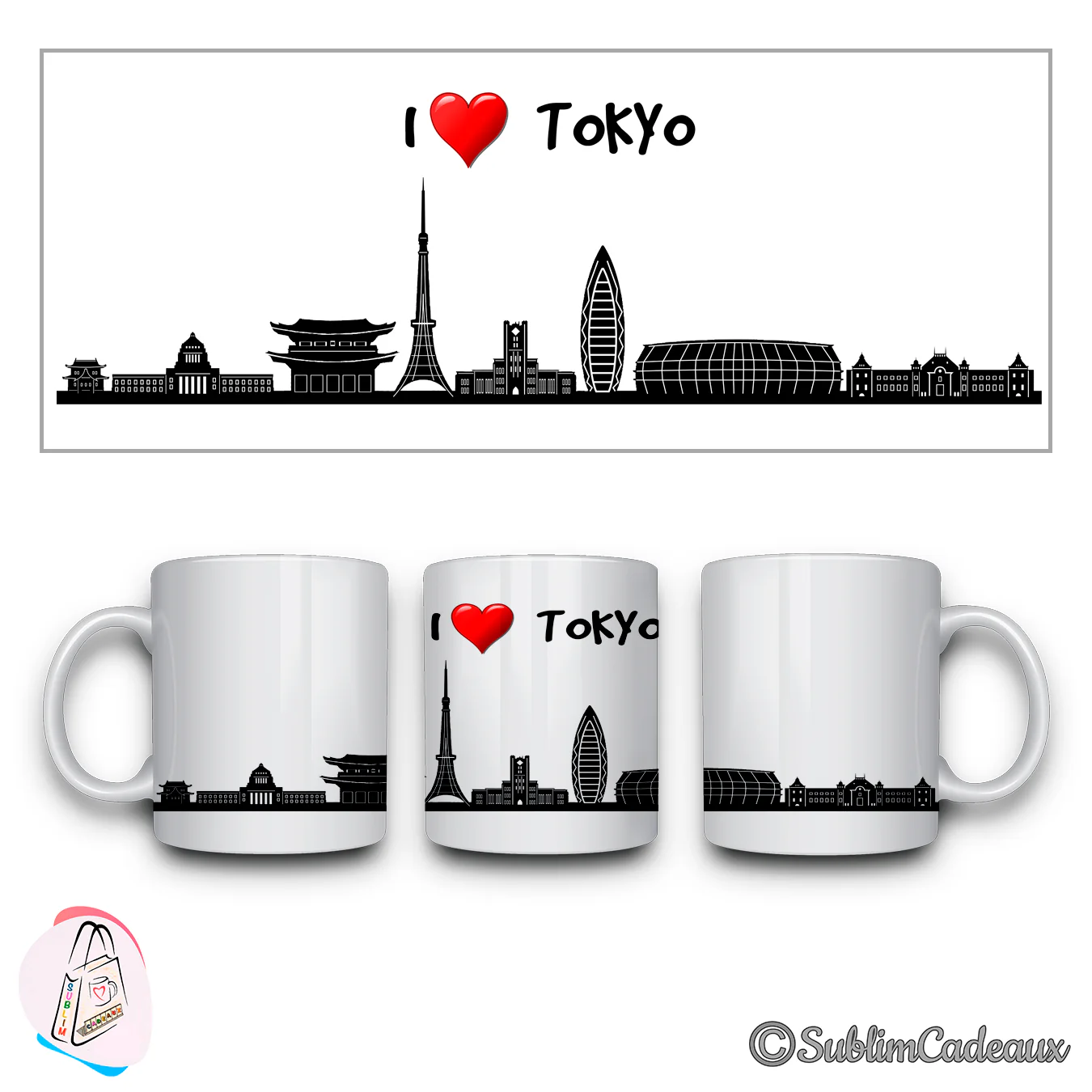 Mug en céramique blanc, silhouette noire de Tokyo sublimée, sa tour et une pagode, mention I love Tokyo et cœur rouge