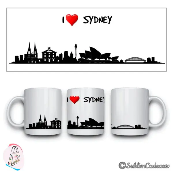 Mug blanc, silhouette noire de Sydney imprimée, opéra et pont du port, texte I love Sydney avec un cœur rouge