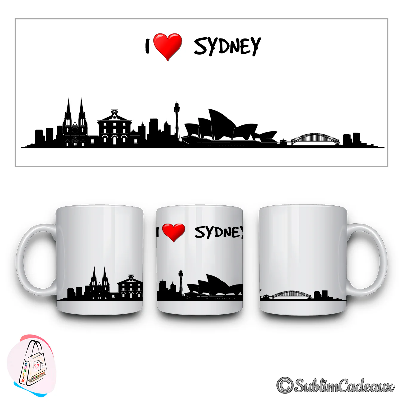 Mug blanc, silhouette noire de Sydney imprimée, opéra et pont du port, texte I love Sydney avec un cœur rouge