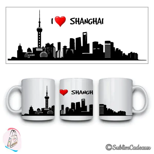 Mug en céramique blanc, silhouette noire de Shanghai et sa tour perlée sublimée, mention I love Shanghai, cœur rouge