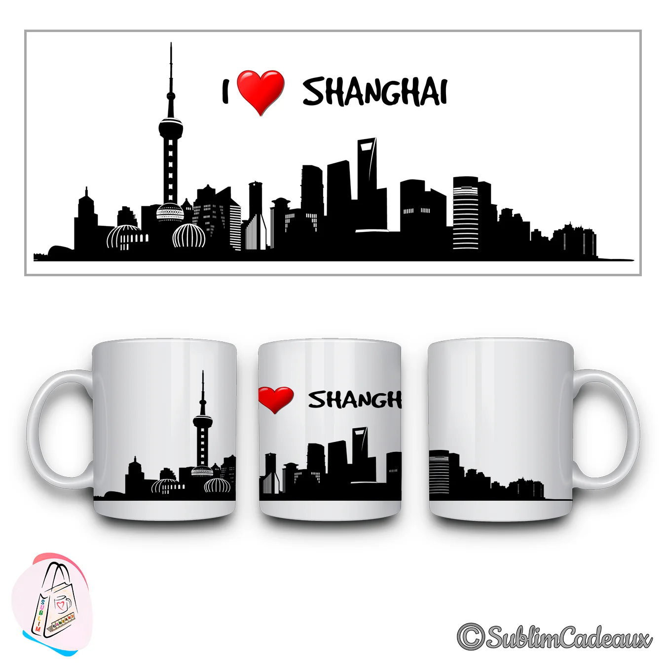 Mug en céramique blanc, silhouette noire de Shanghai et sa tour perlée sublimée, mention I love Shanghai, cœur rouge