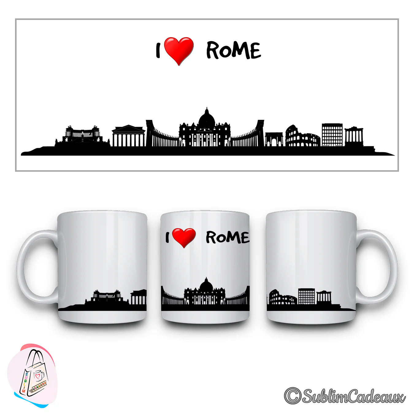 Mug blanc, silhouette noire de Rome imprimée, basilique Saint-Pierre et Colisée, texte I love Rome avec un cœur rouge