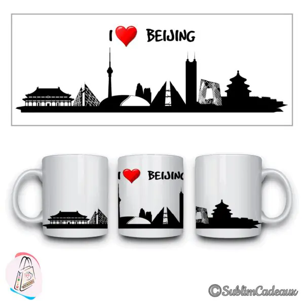 Mug en céramique blanc, silhouette noire de Pékin sublimée, cité interdite et temple, mention I love Beijing, cœur rouge