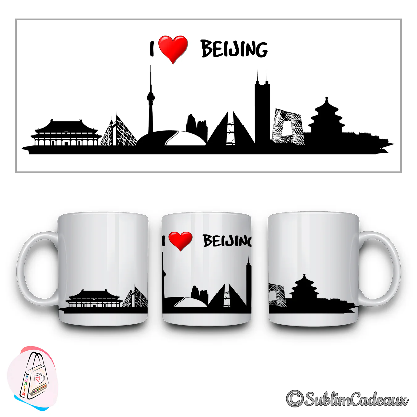 Mug en céramique blanc, silhouette noire de Pékin sublimée, cité interdite et temple, mention I love Beijing, cœur rouge