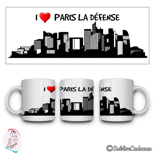 Mug blanc, silhouette noire des tours du quartier de la Défense imprimée, texte I love Paris la Défense et cœur rouge