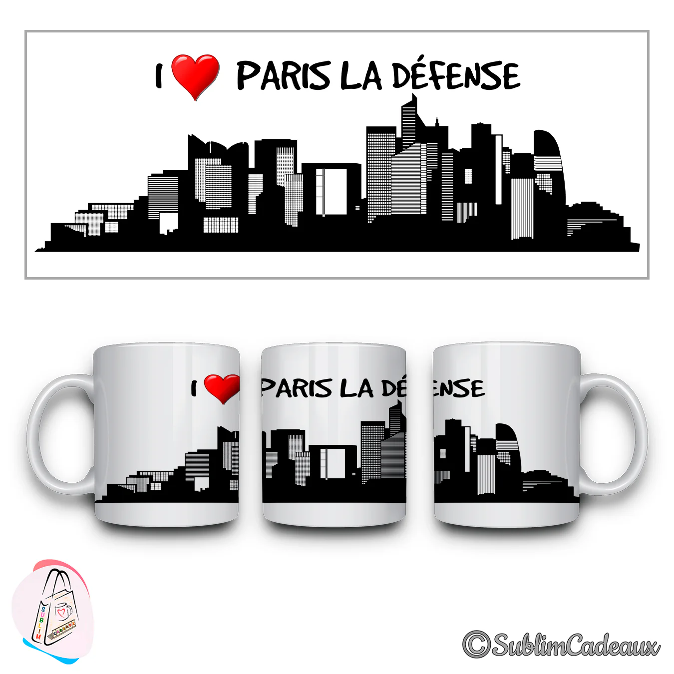 Mug blanc, silhouette noire des tours du quartier de la Défense imprimée, texte I love Paris la Défense et cœur rouge