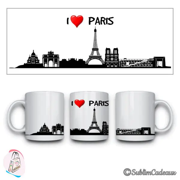 Mug en céramique blanc, silhouette noire de Paris sublimée, tour Eiffel et Notre-Dame, mention I love Paris, cœur rouge
