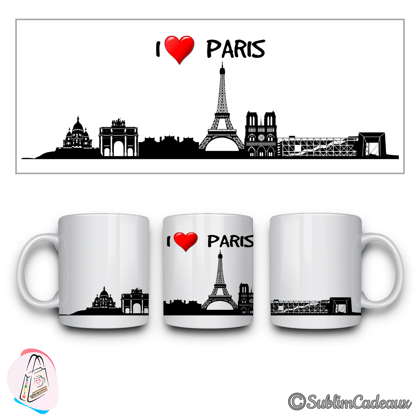 Mug en céramique blanc, silhouette noire de Paris sublimée, tour Eiffel et Notre-Dame, mention I love Paris, cœur rouge