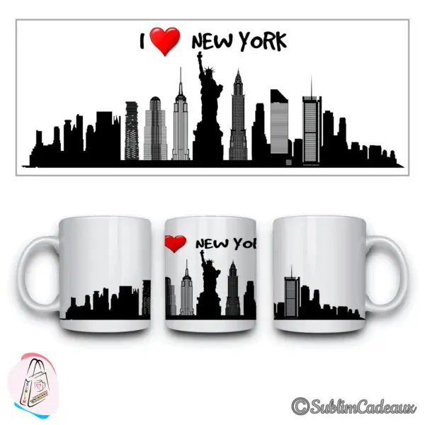 Mug blanc, silhouette noire de New York imprimée, statue de la Liberté et gratte-ciel, texte I love New York, cœur rouge