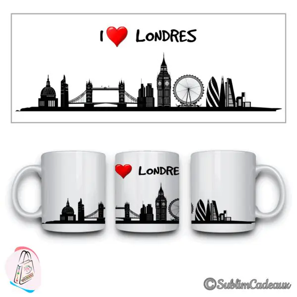 Mug blanc, silhouette noire de Londres imprimée, Big Ben et Tower Bridge, texte I love Londres avec un cœur rouge