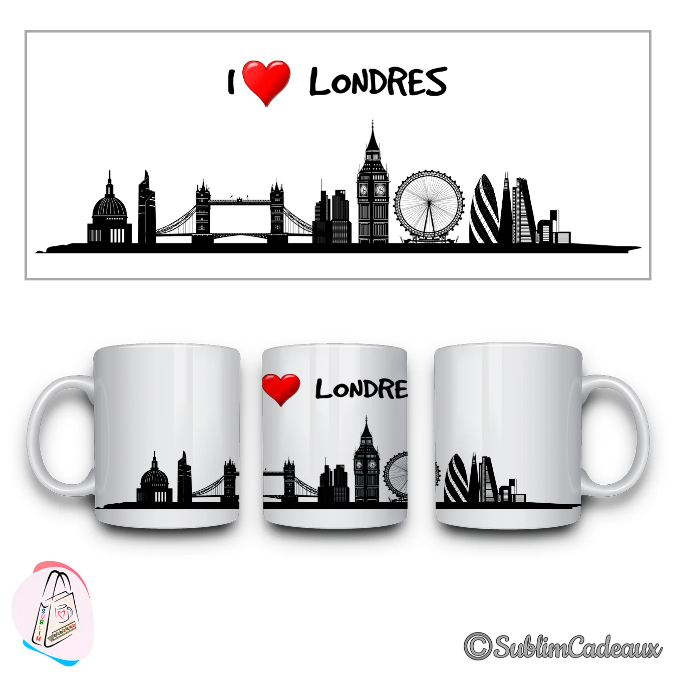 Mug blanc, silhouette noire de Londres imprimée, Big Ben et Tower Bridge, texte I love Londres avec un cœur rouge