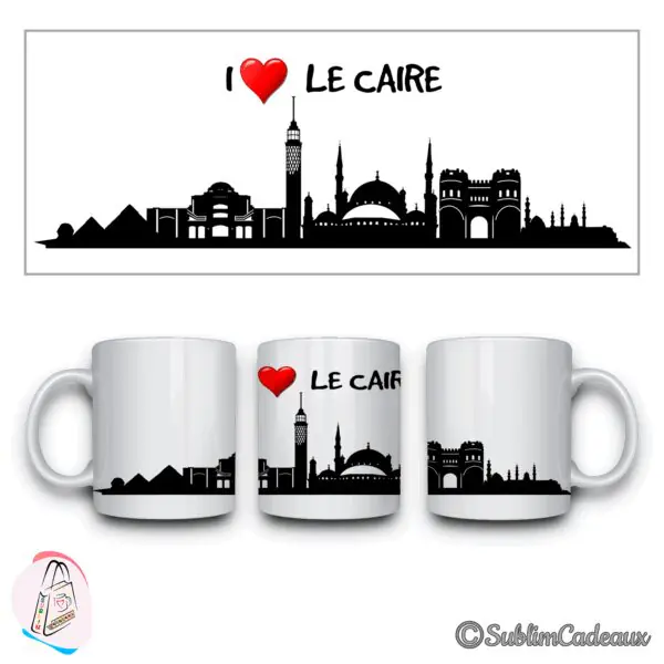 Mug en céramique blanc, silhouette noire du Caire sublimée, mosquées et pyramides, mention I love Le Caire, cœur rouge