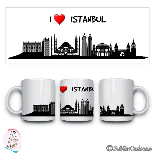 Mug blanc, silhouette noire d'Istanbul imprimée, mosquée à dômes et minarets, texte I love Istanbul et cœur rouge