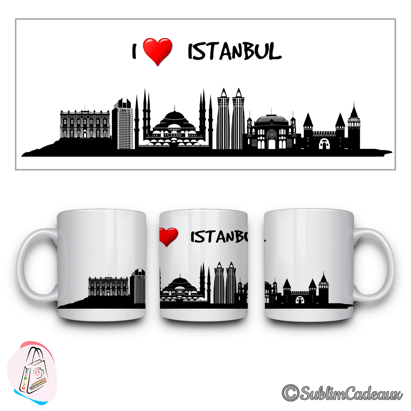 Mug blanc, silhouette noire d'Istanbul imprimée, mosquée à dômes et minarets, texte I love Istanbul et cœur rouge