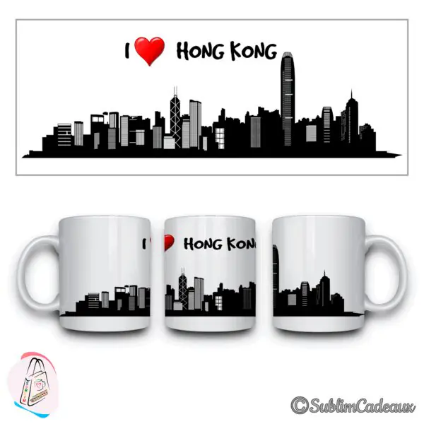 Mug en céramique blanc, silhouette noire des gratte-ciel de Hong Kong sublimée, mention I love Hong Kong, cœur rouge