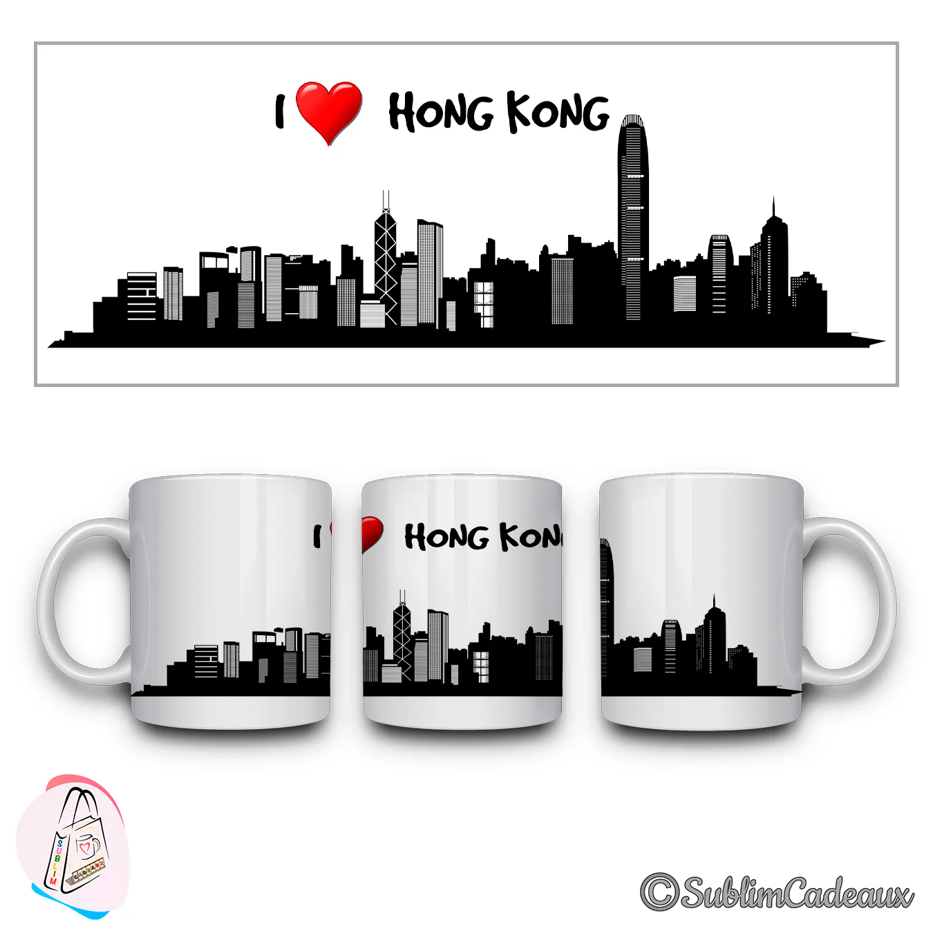 Mug en céramique blanc, silhouette noire des gratte-ciel de Hong Kong sublimée, mention I love Hong Kong, cœur rouge