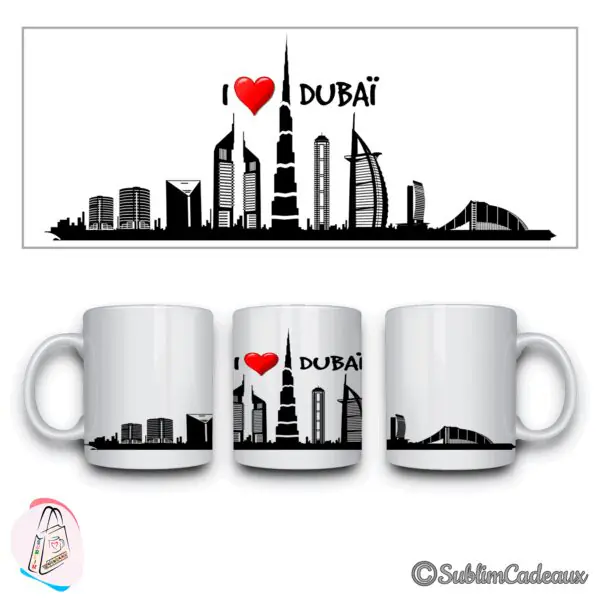 Mug blanc, silhouette noire de Dubaï imprimée, Burj Khalifa et Burj Al Arab, texte I love Dubaï avec un cœur rouge