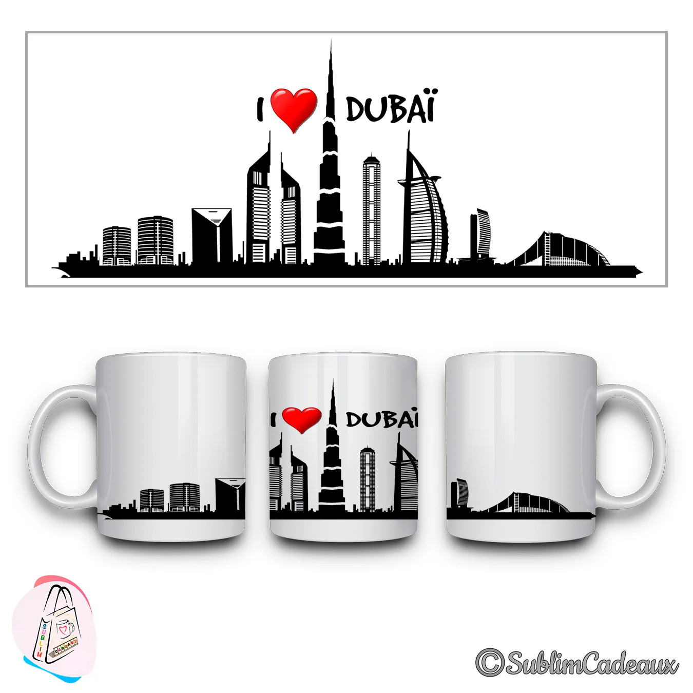 Mug blanc, silhouette noire de Dubaï imprimée, Burj Khalifa et Burj Al Arab, texte I love Dubaï avec un cœur rouge