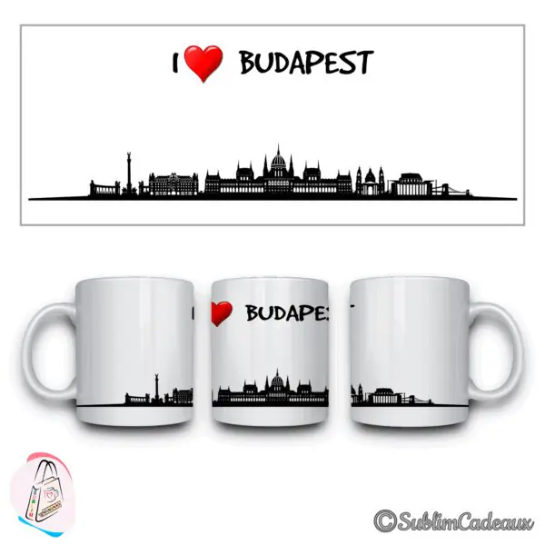 Mug en céramique blanc, silhouette noire de Budapest sublimée, le Parlement et un pont, mention I love Budapest, cœur rouge