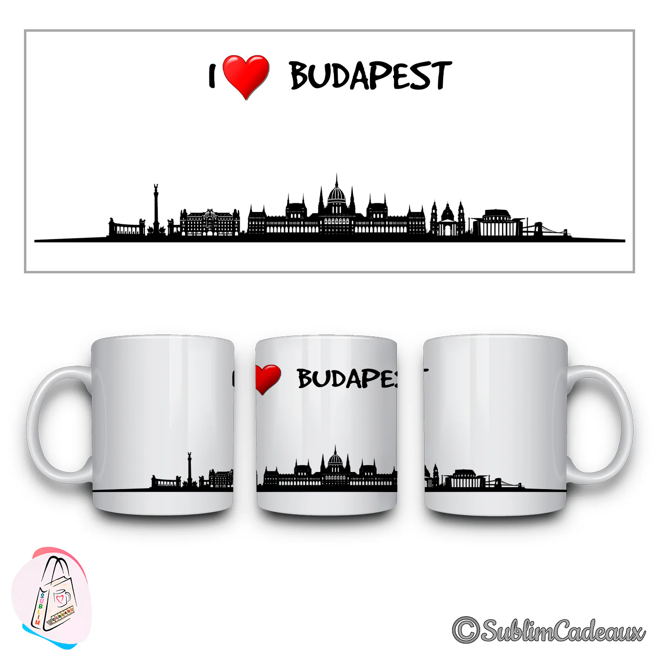 Mug en céramique blanc, silhouette noire de Budapest sublimée, le Parlement et un pont, mention I love Budapest, cœur rouge