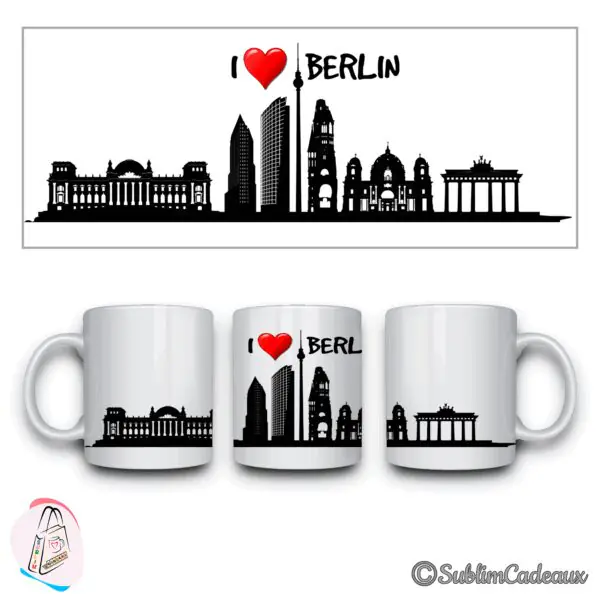Mug blanc, silhouette noire de Berlin imprimée, porte de Brandebourg et tour de télévision, texte I love Berlin, cœur rouge