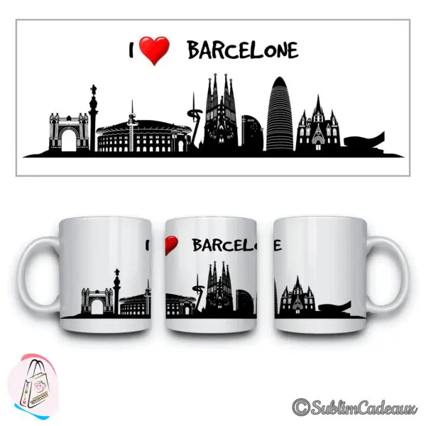 Mug blanc en céramique imprimé d'une silhouette de ville noire avec I love Barcelone et un cœur rouge