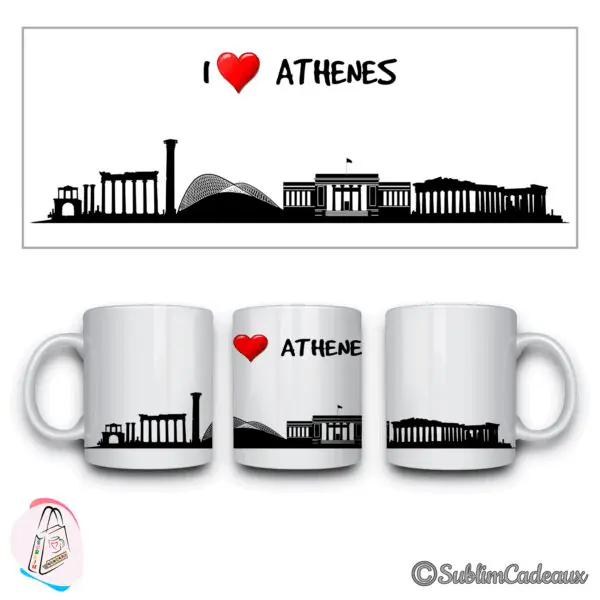 Mug blanc en céramique imprimé d'une silhouette de ville noire avec I love Athènes et un cœur rouge