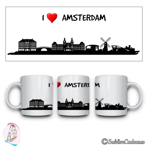 Mug blanc en céramique imprimé d'une silhouette de ville noire avec moulin, canaux et I love Amsterdam