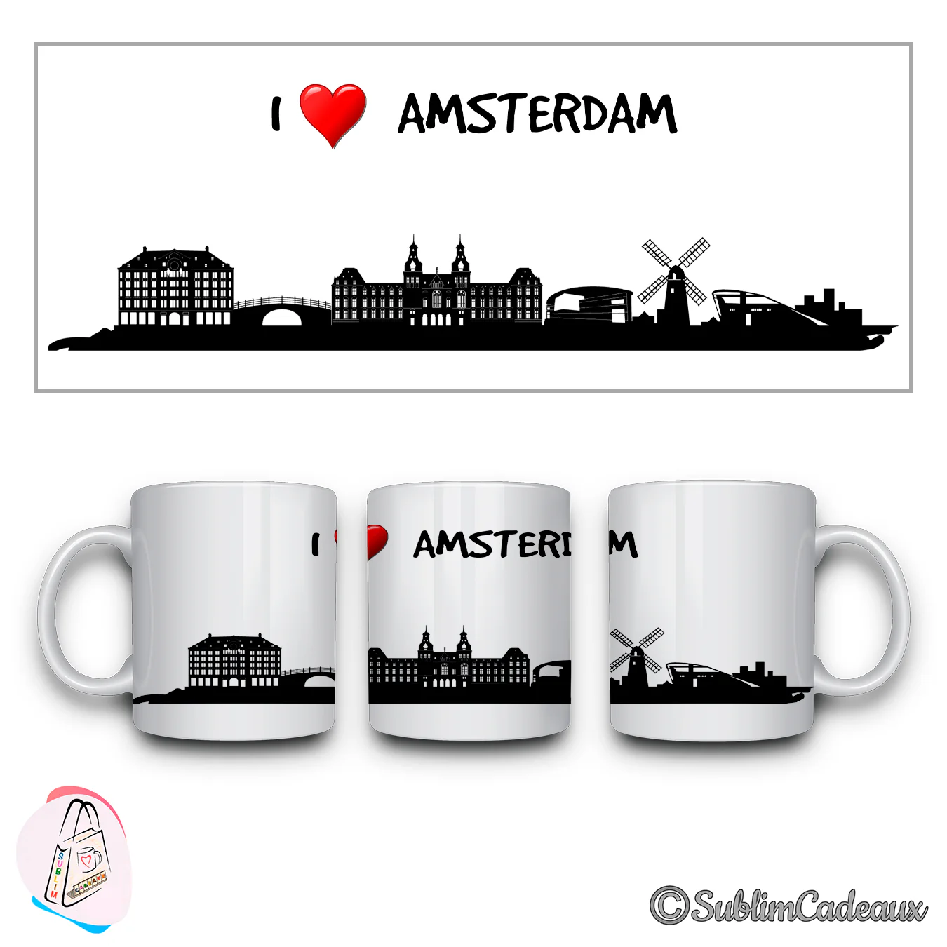 Mug blanc en céramique imprimé d'une silhouette de ville noire avec moulin, canaux et I love Amsterdam