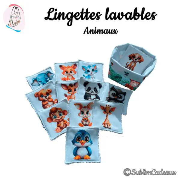 Lingettes lavables imprimées de bébés animaux style dessin animé, panda, renard et pingouin, avec panier assorti
