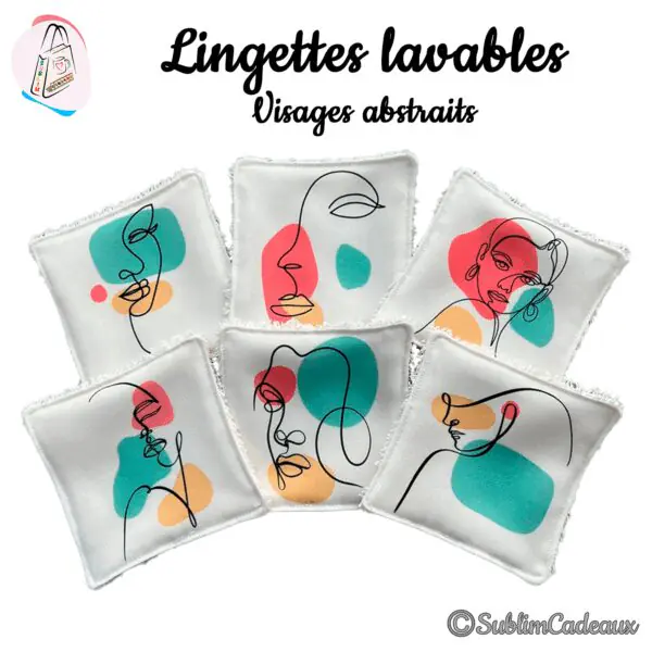 Lingettes lavables blanches imprimées de visages féminins au trait avec taches corail, turquoise et orange