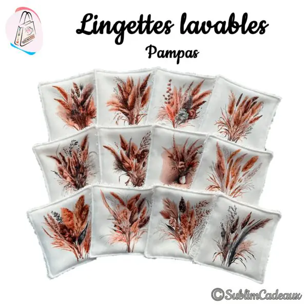 Lingettes lavables blanches imprimées de bouquets de pampas et fleurs séchées, tons terracotta et beige
