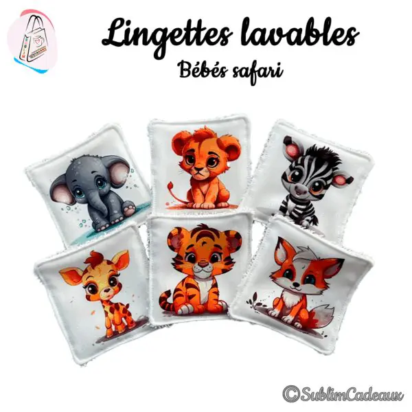 Lingettes lavables blanches imprimées de bébés animaux du safari: éléphant, lionceau, zèbre, girafe, tigre et renard