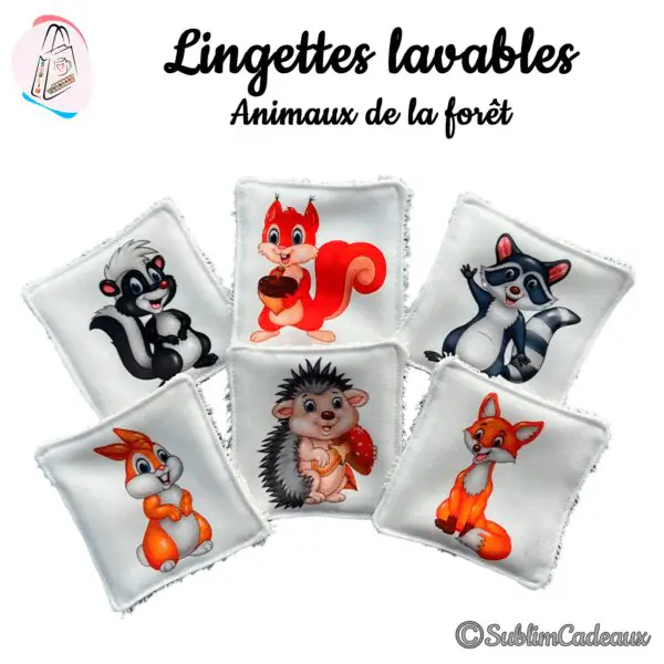 Lot de lingettes lavables imprimées d'animaux de la forêt: mouffette, écureuil roux, raton laveur, lapin, hérisson et renard