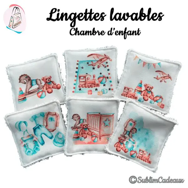 Lingettes lavables imprimées de motifs de chambre d'enfant en tons pastel: oursons, cheval à bascule, train et avion