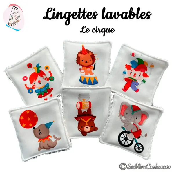 Lot de lingettes lavables sur le thème du cirque: clown, lion, otarie au ballon, ours acrobate et éléphant à vélo