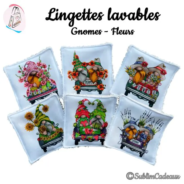 Lot de lingettes lavables imprimées de gnomes fleuris sur des camions: coquelicots, tournesols, lavande et fleurs des champs