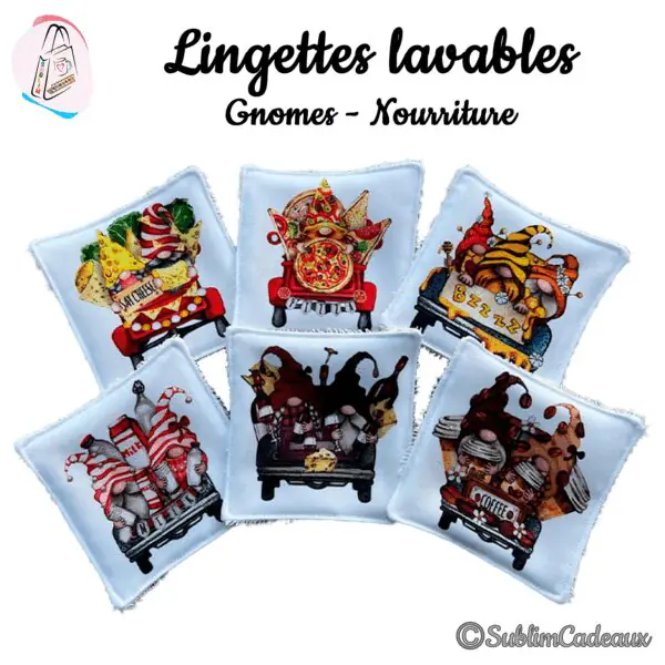 Lingettes lavables imprimées de gnomes gourmands sur des camions: fromage, pizza, miel, lait, vin et café