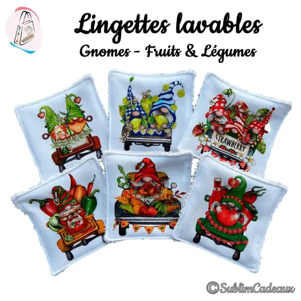 Lingettes lavables imprimées de gnomes sur des camions chargés de fruits et légumes: citrons, fraises, piments et tomates