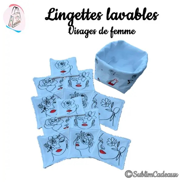 Lingettes lavables bleu clair imprimées de visages de femme au trait ornés de fleurs et bouche rouge, panier assorti