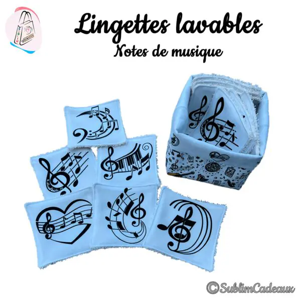 Lingettes lavables bleu clair imprimées de notes de musique et clés de sol noires, avec panier à motif musical