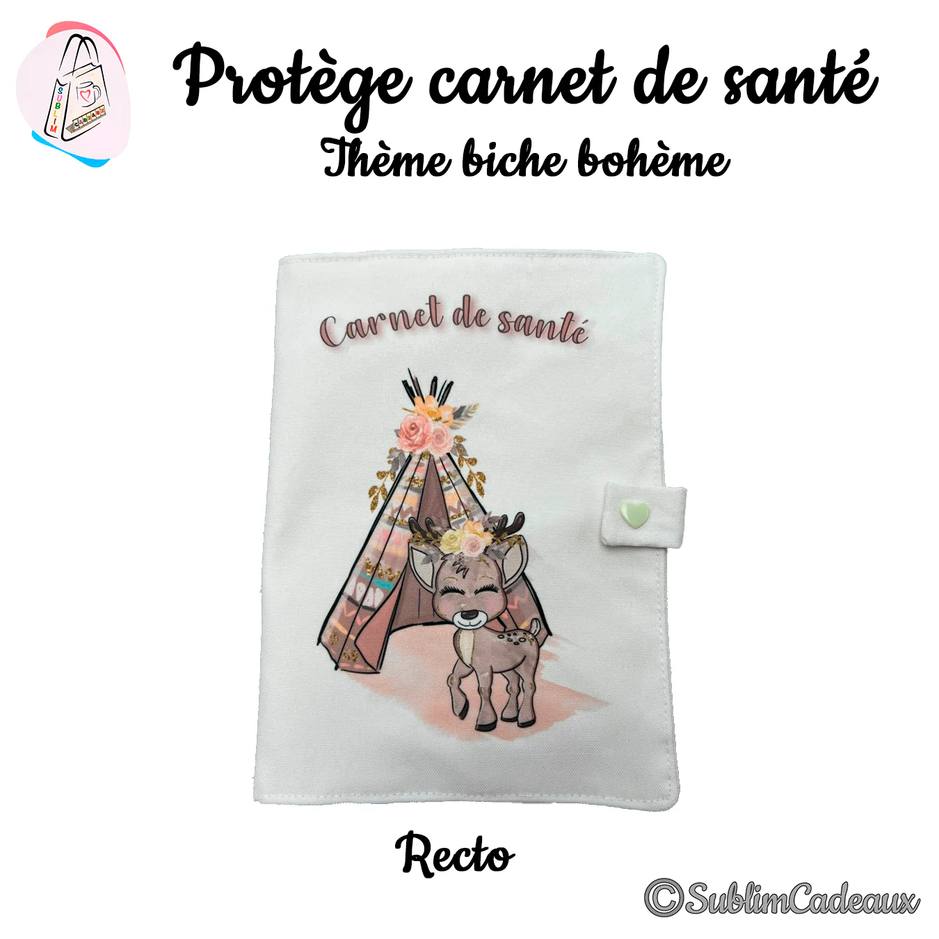 Protège carnet de santé en tissu blanc, imprimé d'un faon devant un tipi bohème fleuri, mention Carnet de santé