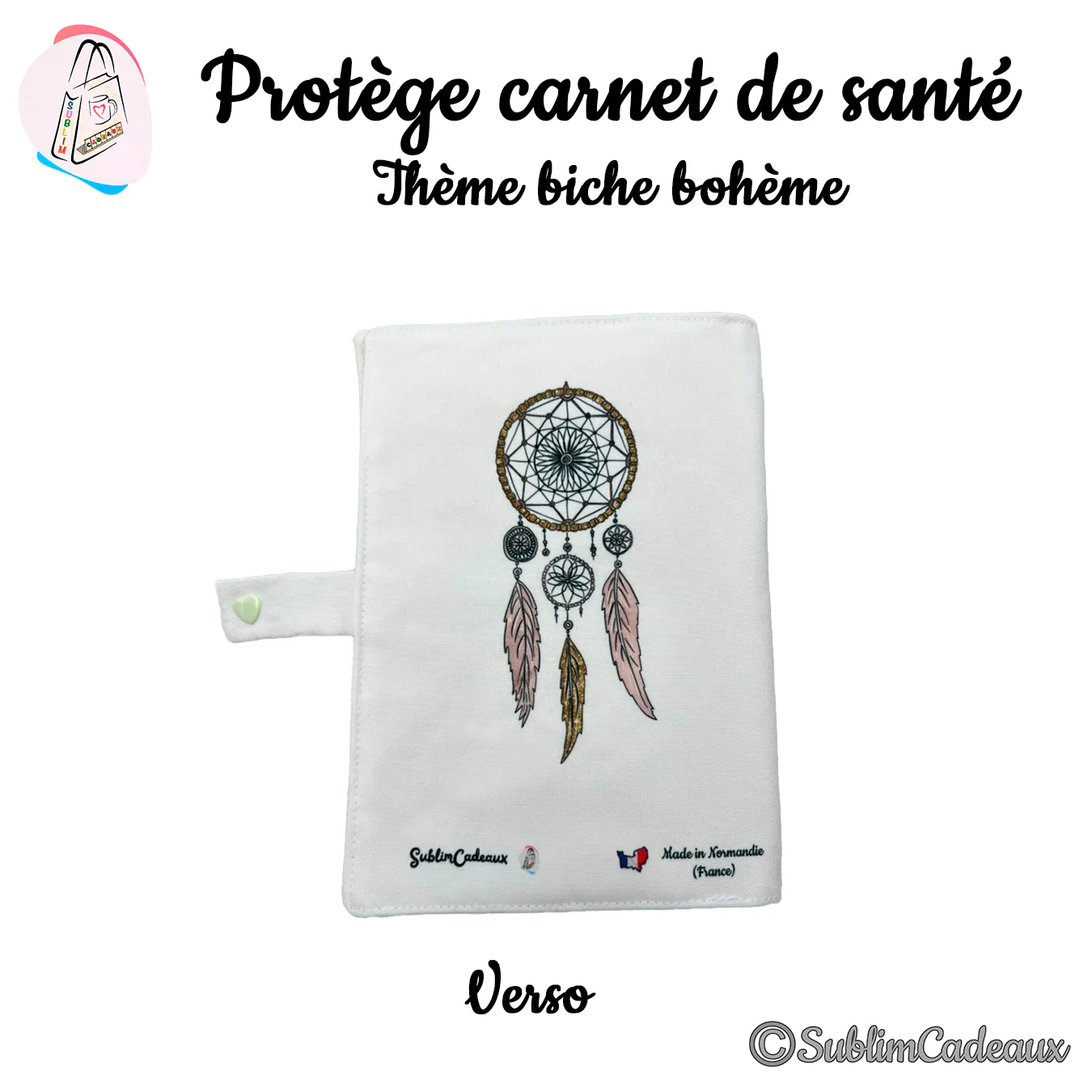 Housse de carnet de santé en tissu blanc, face imprimée d'un attrape-rêves aux plumes rose poudré et doré