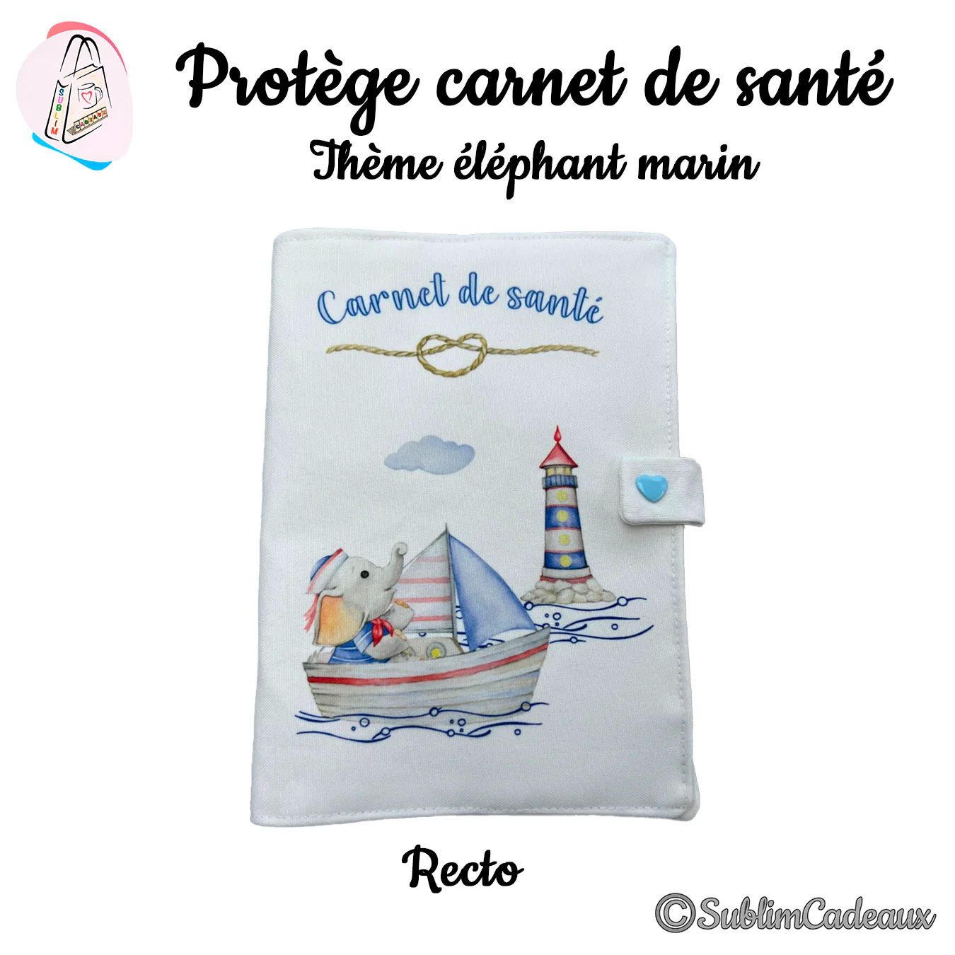 Protège carnet de santé blanc imprimé d'un éléphanteau matelot en barque à voile près d'un phare, mention Carnet de santé