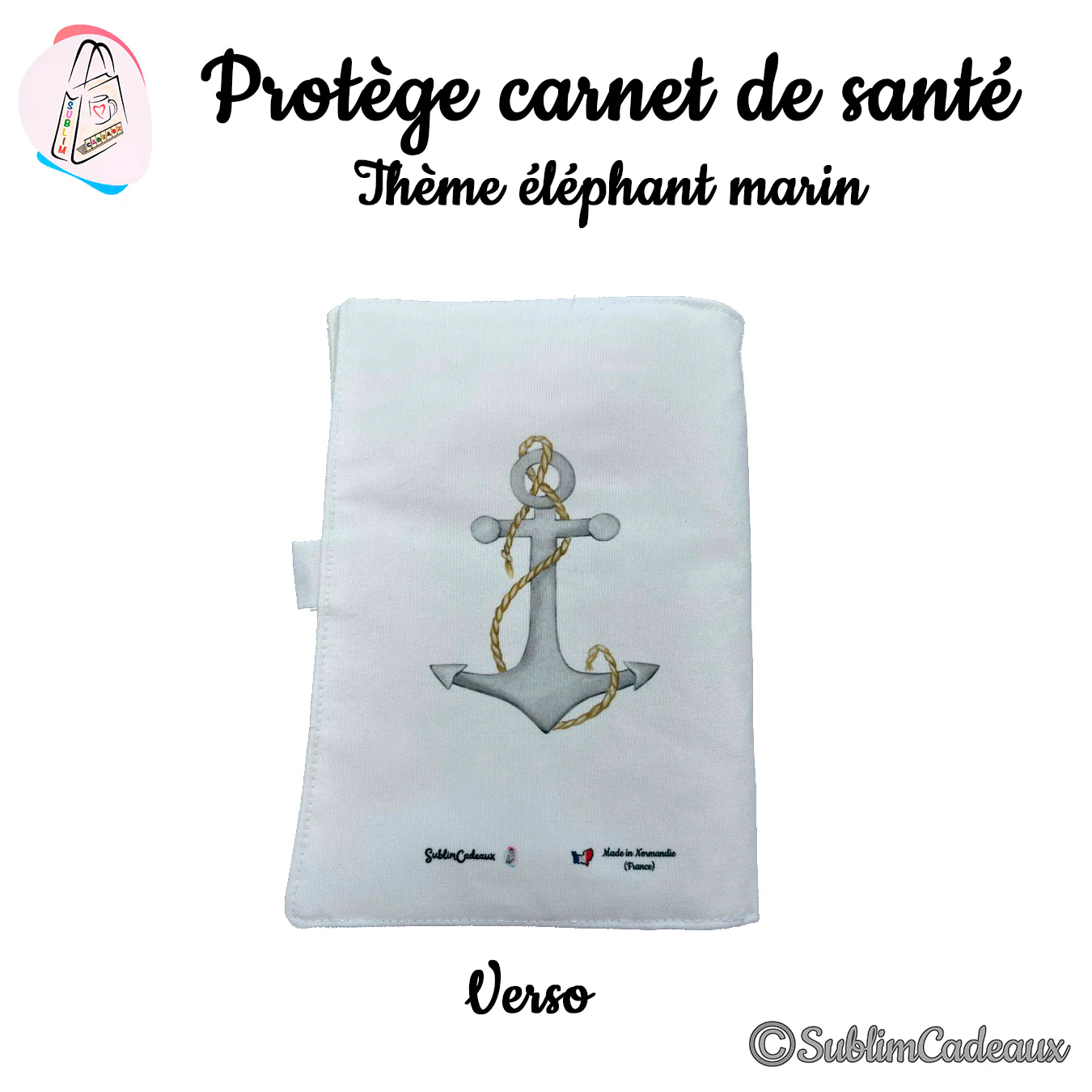 Housse de carnet de santé en tissu blanc, ancre marine grise et cordage doré imprimés au dos