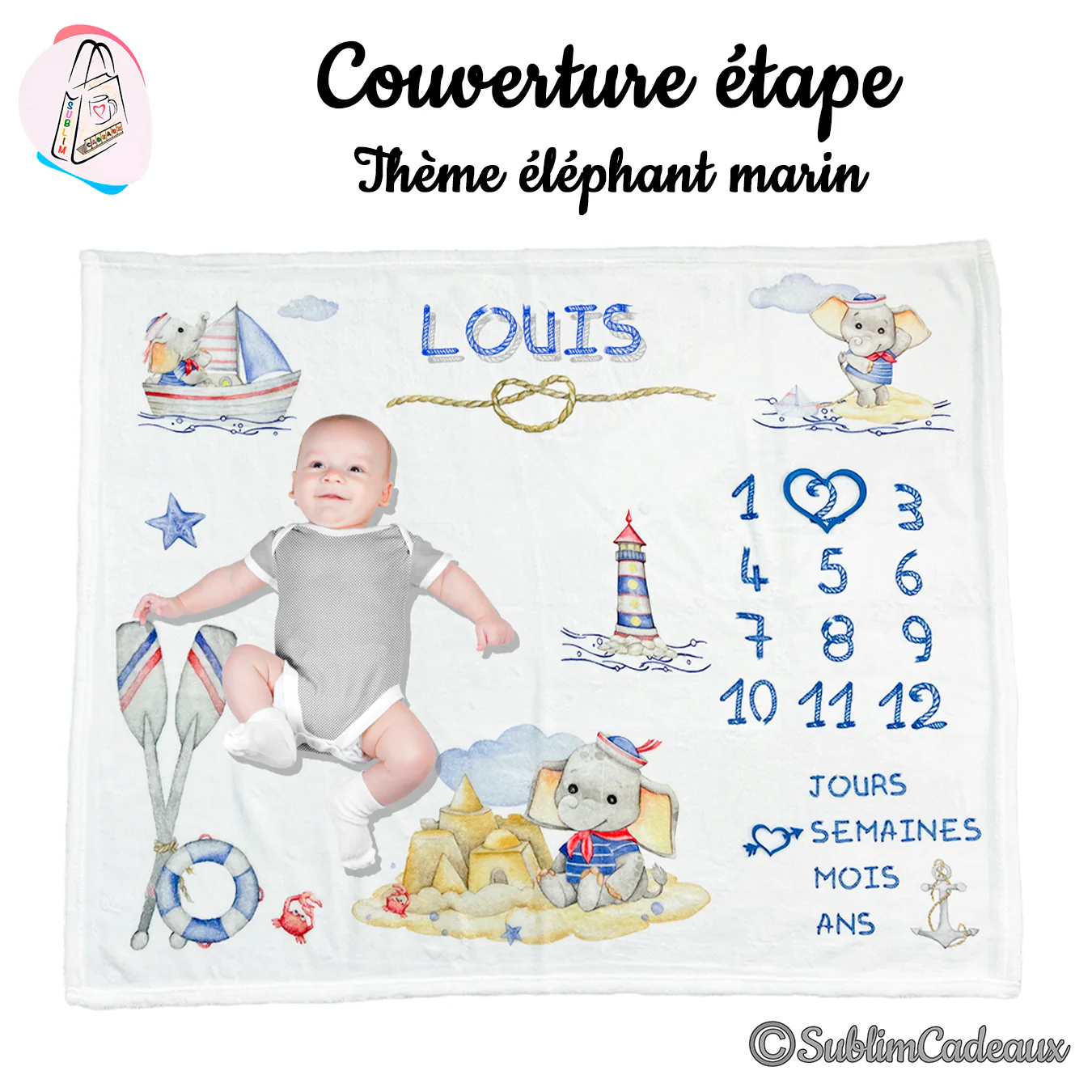 Couverture étape blanche imprimée sur le thème marin: éléphants matelots, phare et rames, avec les chiffres 1 à 12